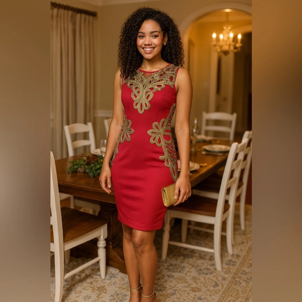 Elegant Red and Gold Floral Dress - Picture 1 of 13